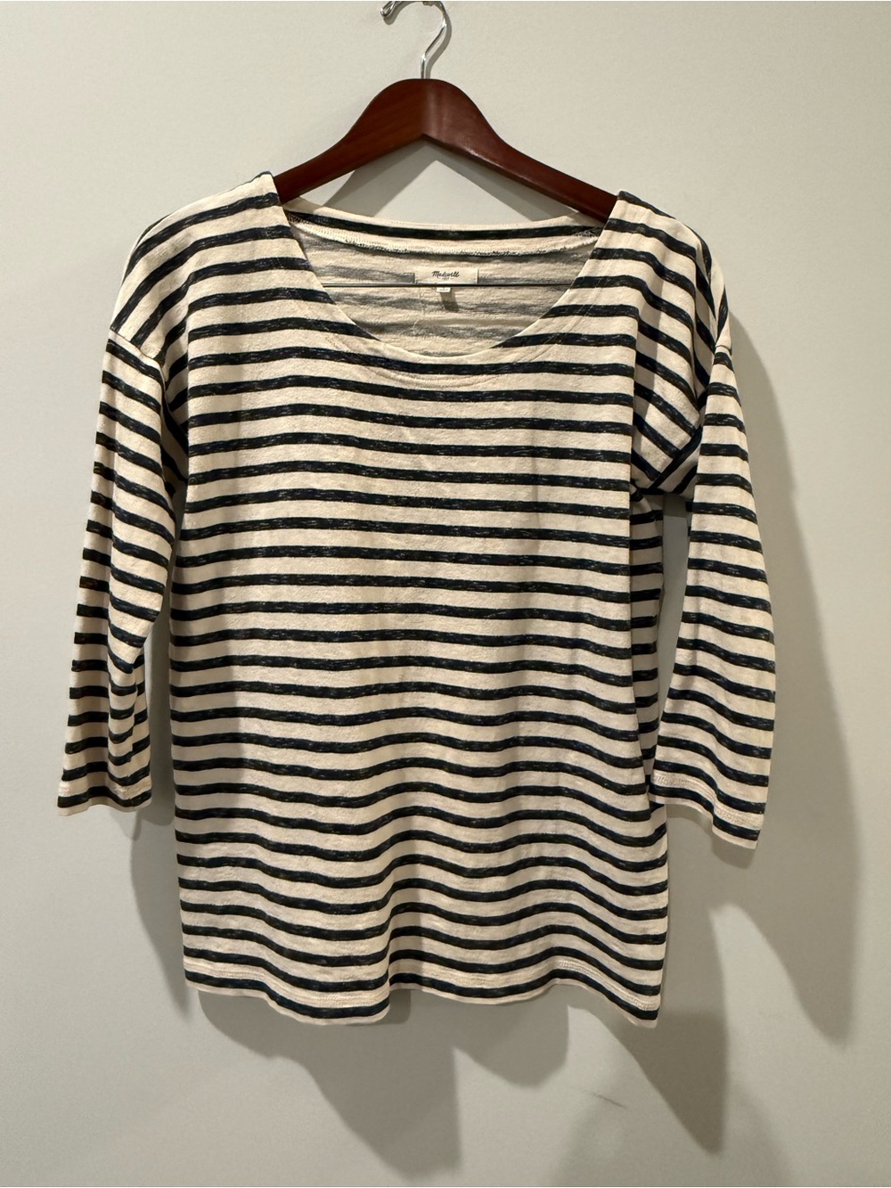 Madewell Black & Cream Striped Scoop Neck 3/4 Sleeve Tee Size S